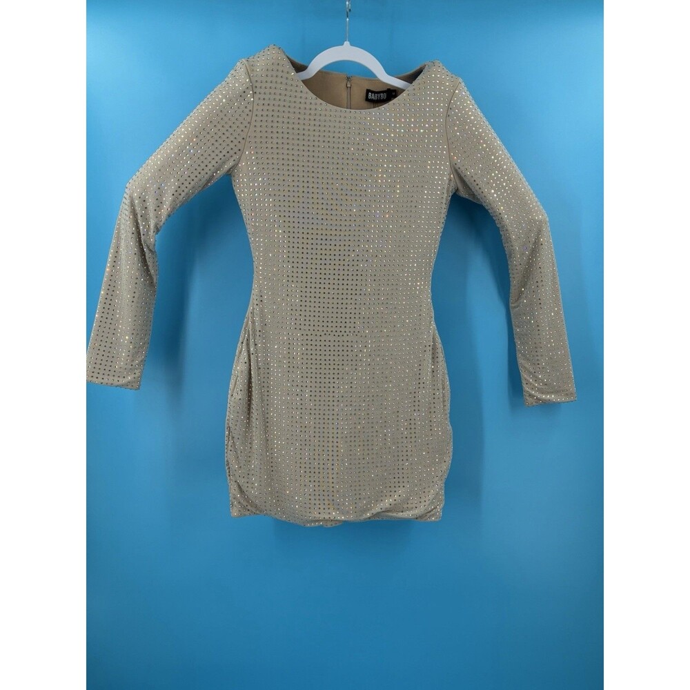 Baby Boo Tennessee Mini Dress M Nude Rhinestone Long Sleeve Bodycon NWT Babyboo